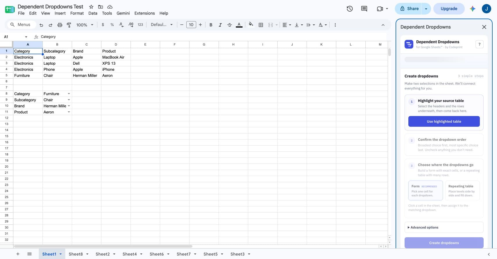A four-level exact-cell dependent-dropdown form in Google Sheets.
