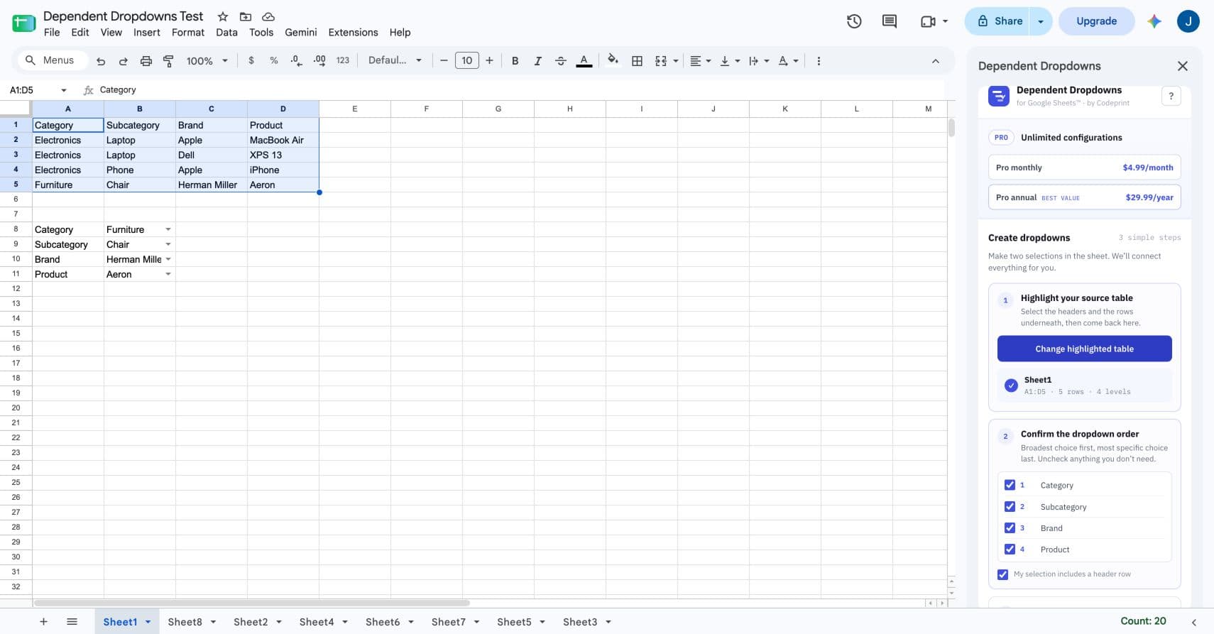 Dependent Dropdowns for Google Sheets™ reading a selected four-column source table.