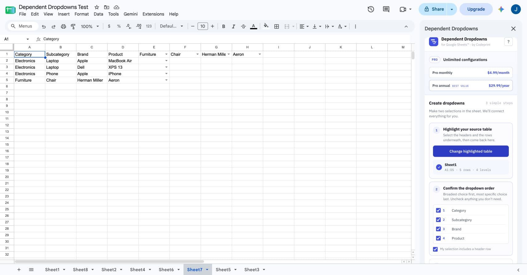 A repeating dependent-dropdown table in Google Sheets.
